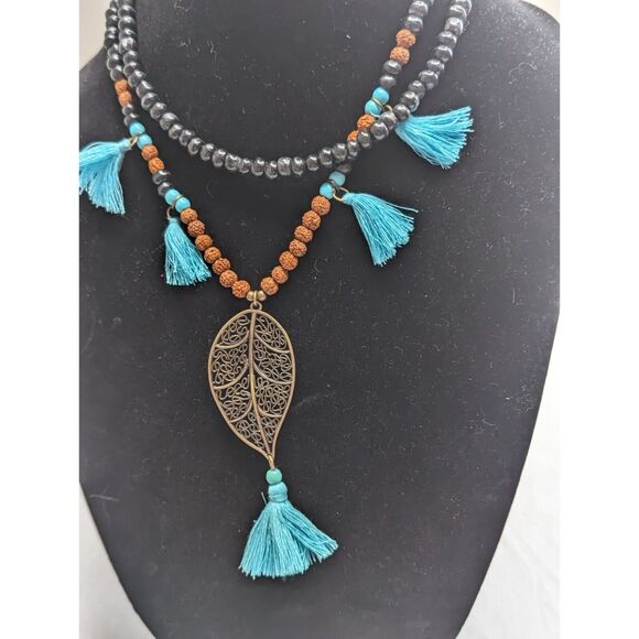 Vintage 1960s Turquoise Tassel Beaded Boho Necklace Feather Pendant - Picture 2 of 4